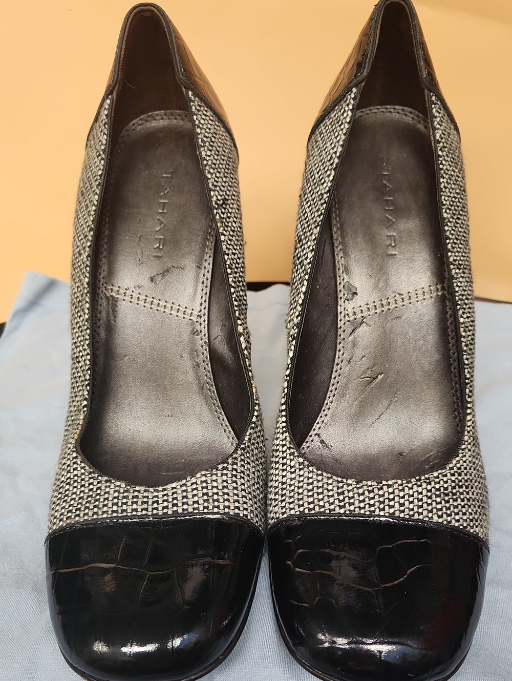 Tahari Black and Gray Tweed Cap-Toe Pumps with Patent Finish